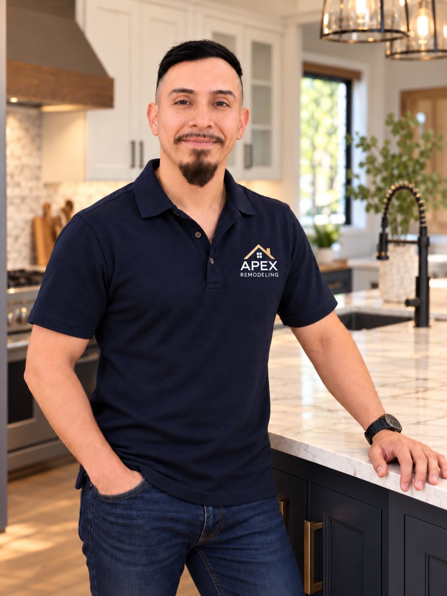 Eddy, who runs the construction side of Apex Remodeling & Repairs, standing in a finished kitchen