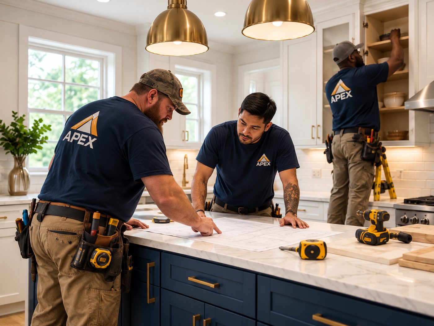 A remodeling team reviewing plans in a kitchen