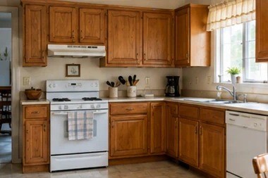 An older kitchen with oak cabinets ready for an update