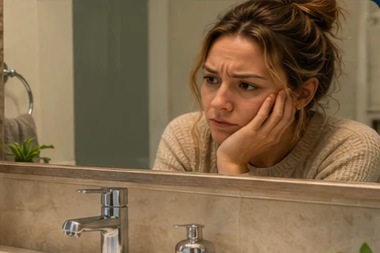 Homeowner looking at her older bathroom and imagining a renovation