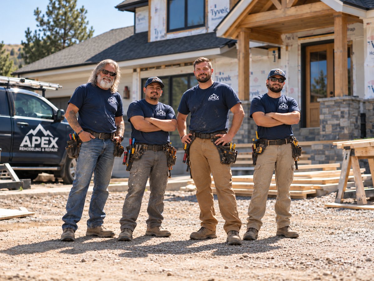 The Apex Remodeling & Repairs crew standing in front of a home under construction
